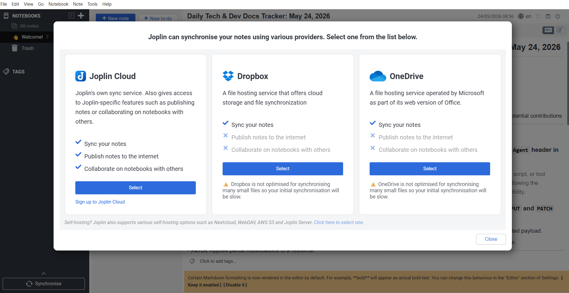 Joplin sync options screen