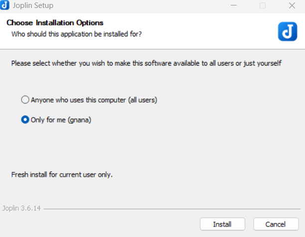 Joplin Windows installer user selection